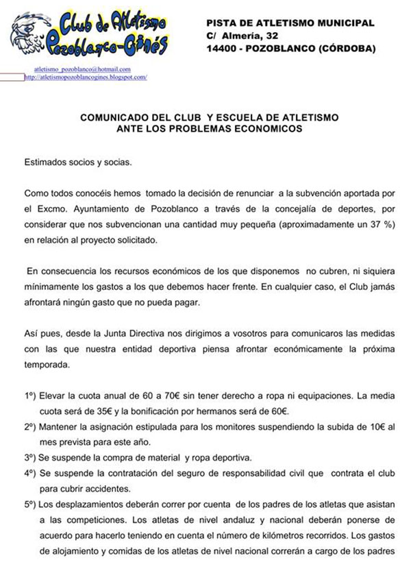 Comunicado del Club Atletismo Pozoblanco Ginés