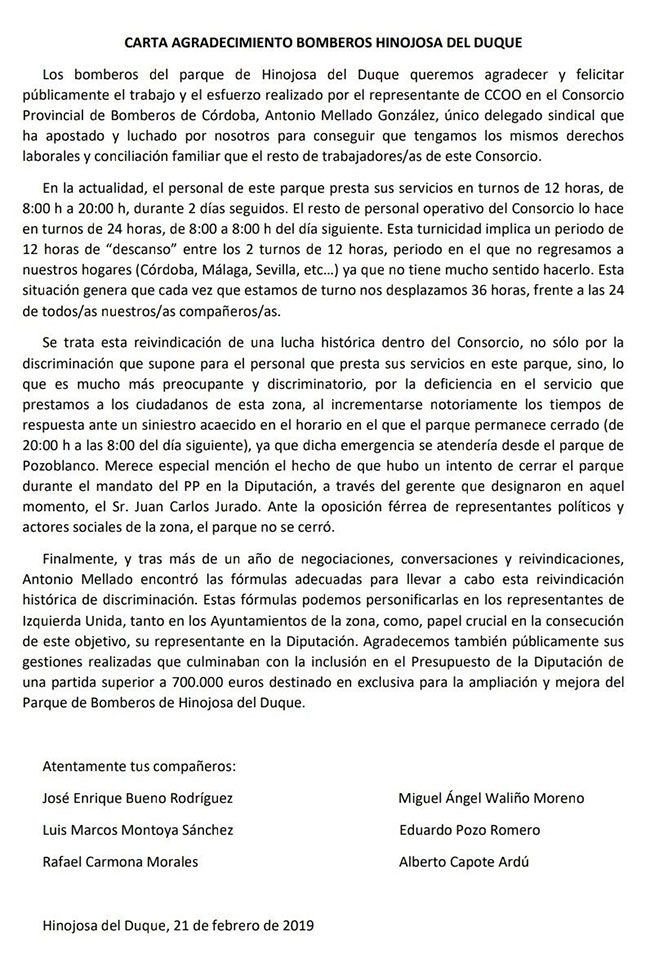 Los bomberos de Hinojosa del Duque agradecen a CCOO su trabajo para conseguir la apertura 24 horas del parque