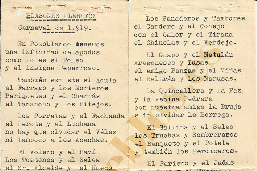 Los apodos de Pozoblanco en una letra de carnaval de 1919