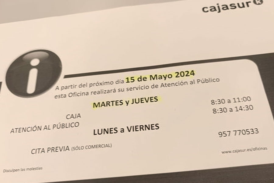 Cajasur sigue con su estrategia de eliminación de oficinas, le toca a Pedroche